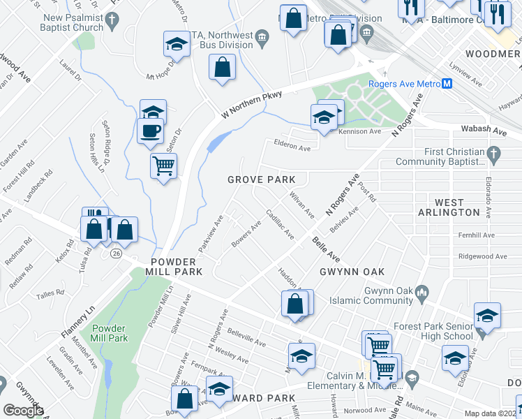 map of restaurants, bars, coffee shops, grocery stores, and more near 5609 Cadillac Avenue in Baltimore