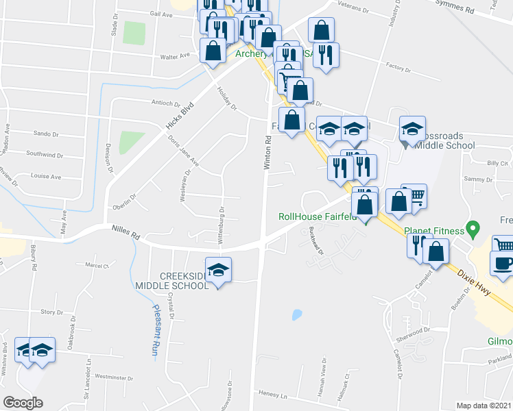 map of restaurants, bars, coffee shops, grocery stores, and more near 5125 Winton Road in Fairfield