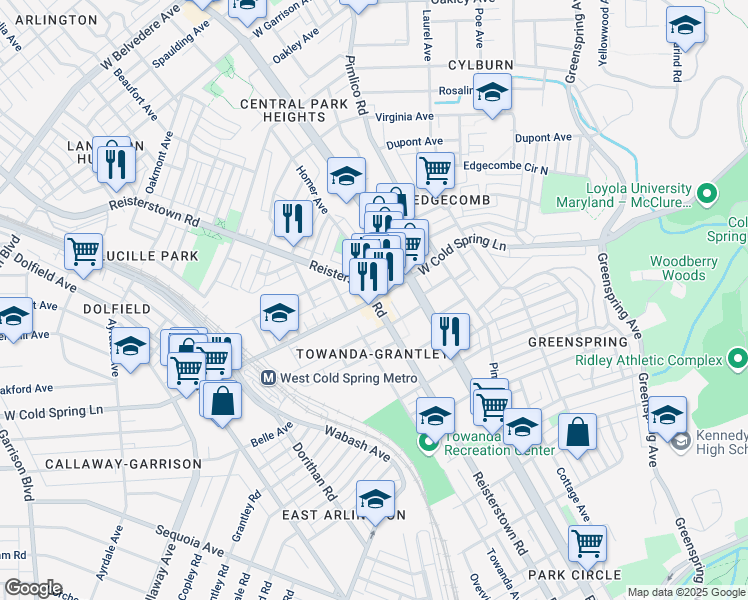 map of restaurants, bars, coffee shops, grocery stores, and more near Reisterstown Road & West Cold Spring Lane in Baltimore