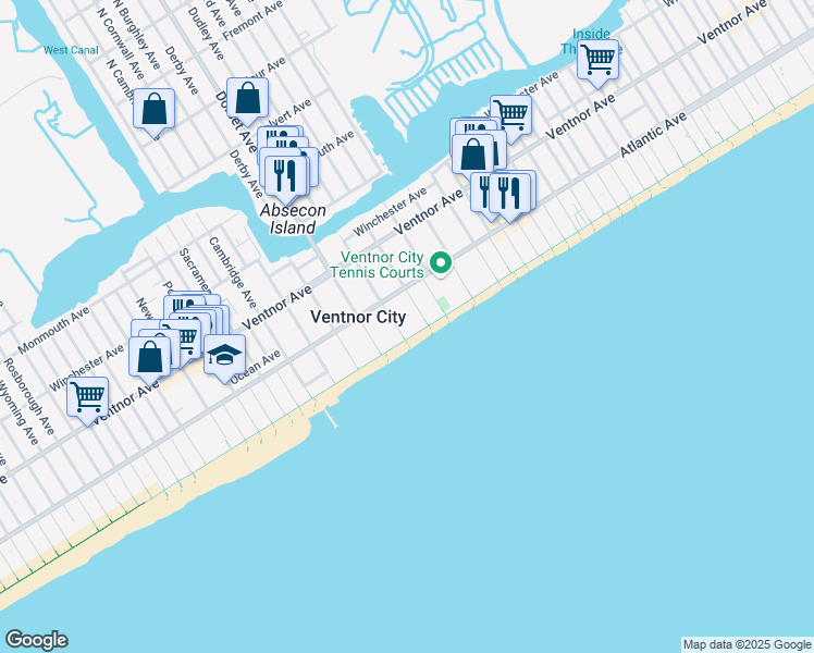 map of restaurants, bars, coffee shops, grocery stores, and more near 5802 Boardwalk in Ventnor City