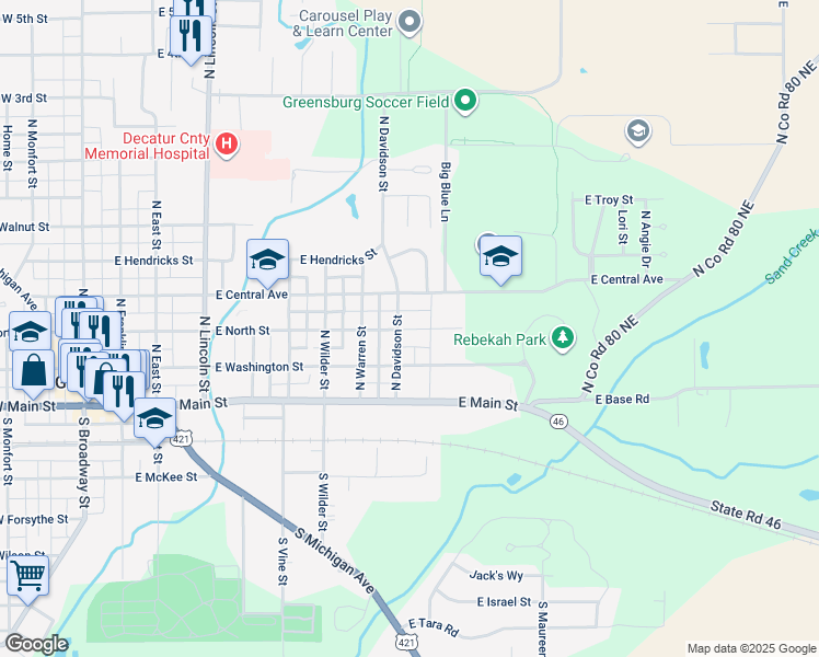 map of restaurants, bars, coffee shops, grocery stores, and more near 304 North Davidson Street in Greensburg