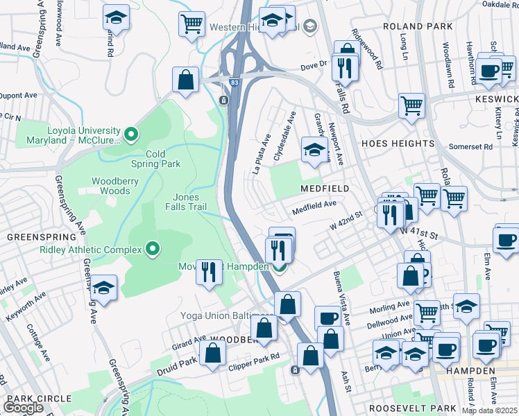 map of restaurants, bars, coffee shops, grocery stores, and more near 1605 Roland Heights Avenue in Baltimore