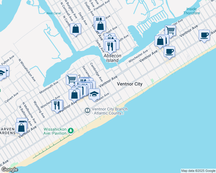 map of restaurants, bars, coffee shops, grocery stores, and more near 3 South Cambridge Avenue in Ventnor City