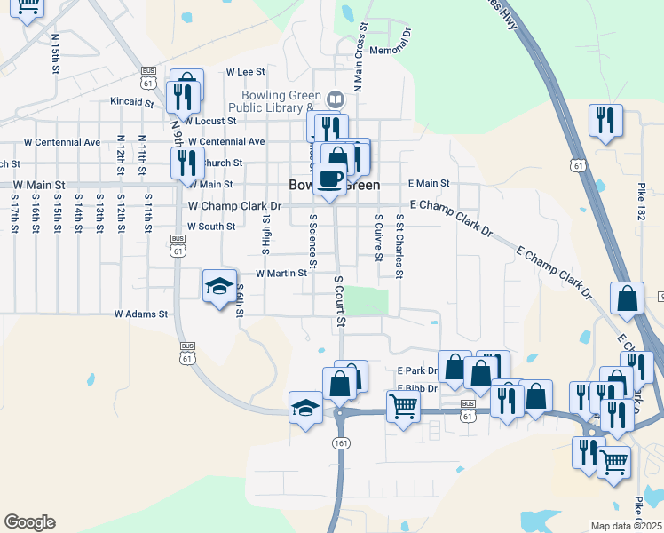 map of restaurants, bars, coffee shops, grocery stores, and more near 318 South Court Street in Bowling Green