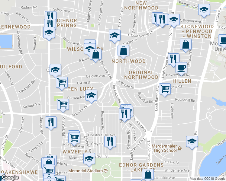 map of restaurants, bars, coffee shops, grocery stores, and more near 4044 The Alameda in Baltimore