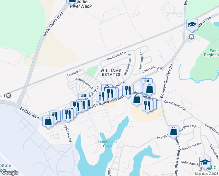 map of restaurants, bars, coffee shops, grocery stores, and more near 3419 Dahlia Lane in Middle River