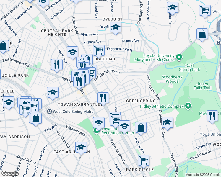 map of restaurants, bars, coffee shops, grocery stores, and more near 4307 Pimlico Road in Baltimore