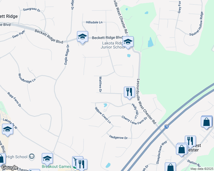 map of restaurants, bars, coffee shops, grocery stores, and more near 8555 Stuart Court in Beckett Ridge