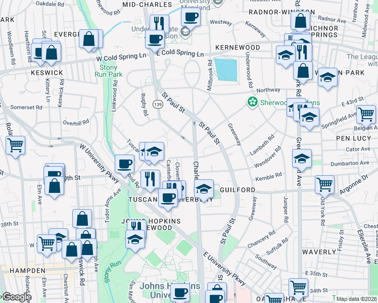 map of restaurants, bars, coffee shops, grocery stores, and more near 4100 North Charles Street in Baltimore