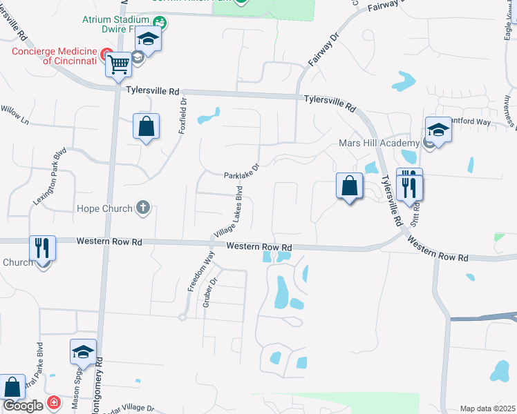 map of restaurants, bars, coffee shops, grocery stores, and more near 4658 Manorlake Drive in Mason