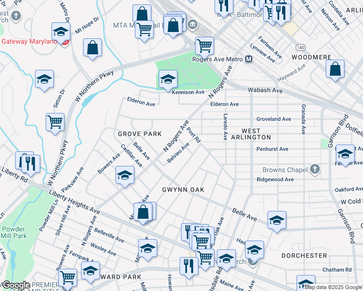map of restaurants, bars, coffee shops, grocery stores, and more near 4600 Belvieu Avenue in Baltimore