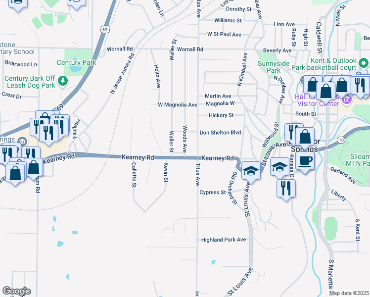 map of restaurants, bars, coffee shops, grocery stores, and more near 107 Woods Avenue in Excelsior Springs