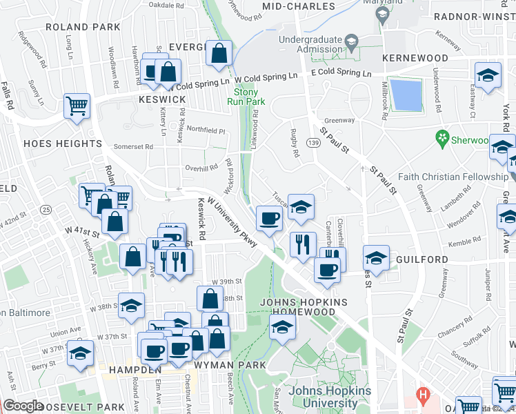 map of restaurants, bars, coffee shops, grocery stores, and more near 221 Ridgemede Road in Baltimore