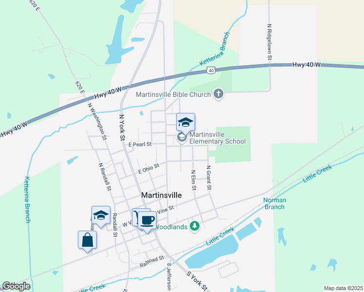 map of restaurants, bars, coffee shops, grocery stores, and more near 410 Kendall Street in Martinsville