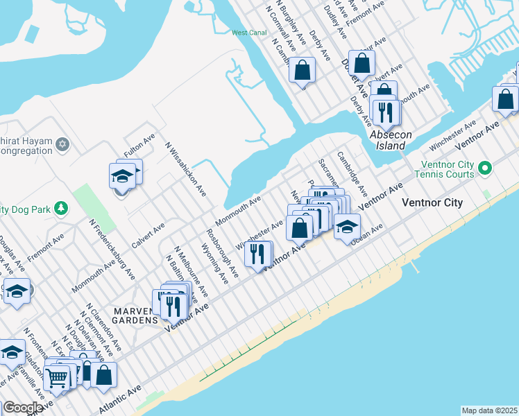 map of restaurants, bars, coffee shops, grocery stores, and more near 123 North Troy Avenue in Ventnor City