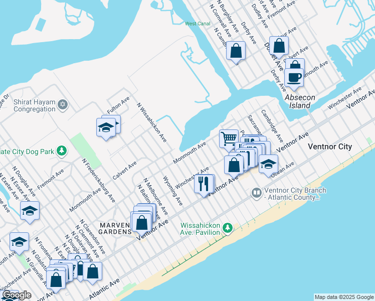 map of restaurants, bars, coffee shops, grocery stores, and more near 6715 Monmouth Avenue in Ventnor City