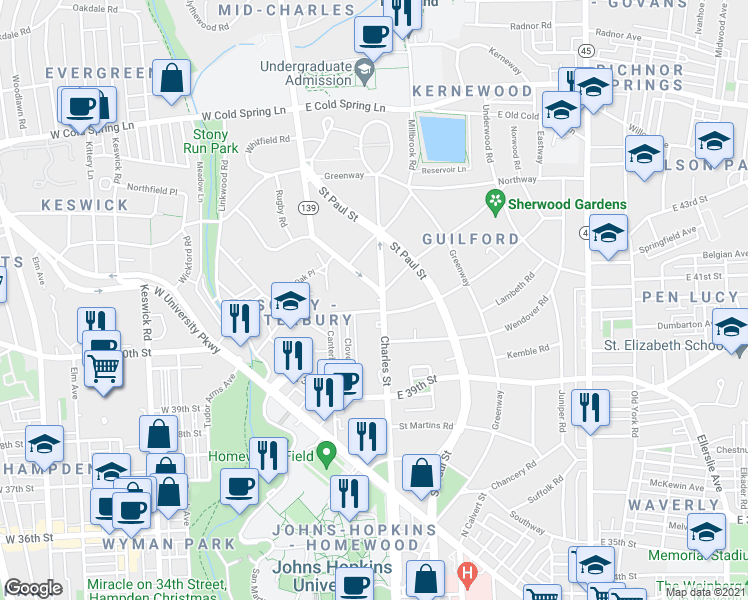 map of restaurants, bars, coffee shops, grocery stores, and more near 4100 Maryland 139 in Baltimore