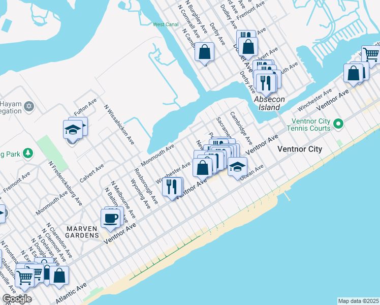 map of restaurants, bars, coffee shops, grocery stores, and more near 105 North New Haven Avenue in Ventnor City