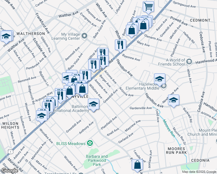 map of restaurants, bars, coffee shops, grocery stores, and more near 4333 Berger Avenue in Baltimore