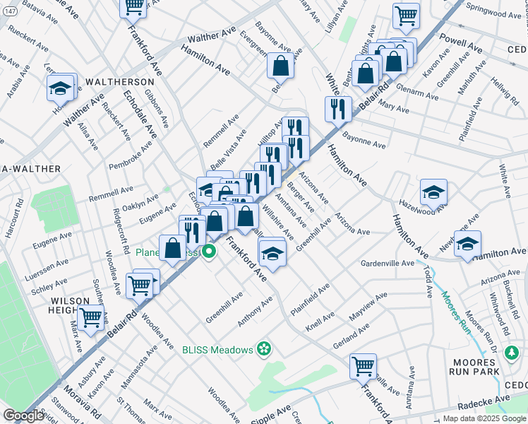 map of restaurants, bars, coffee shops, grocery stores, and more near 4203 Willshire Avenue in Baltimore