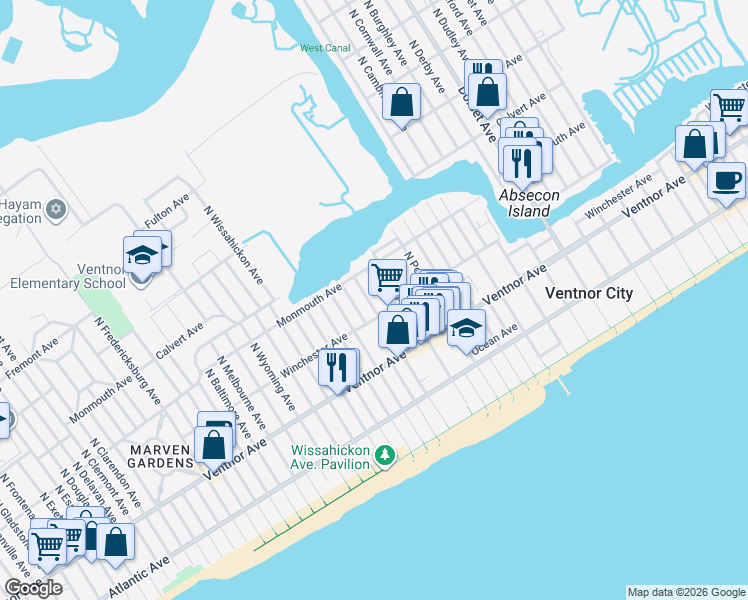 map of restaurants, bars, coffee shops, grocery stores, and more near 105 North New Haven Avenue in Ventnor City
