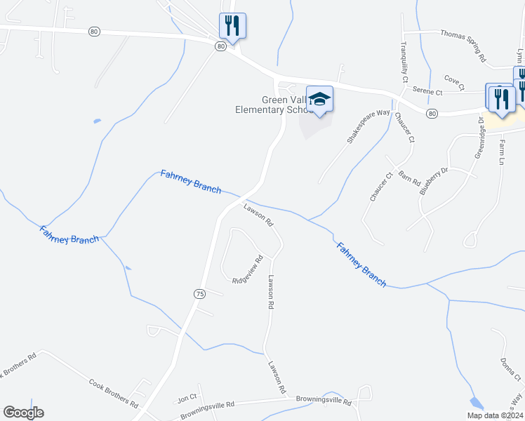 map of restaurants, bars, coffee shops, grocery stores, and more near 3733 Lawson Road in Ijamsville
