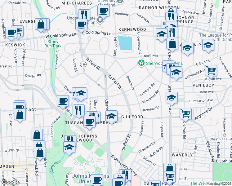 map of restaurants, bars, coffee shops, grocery stores, and more near 6 East Highfield Road in Baltimore