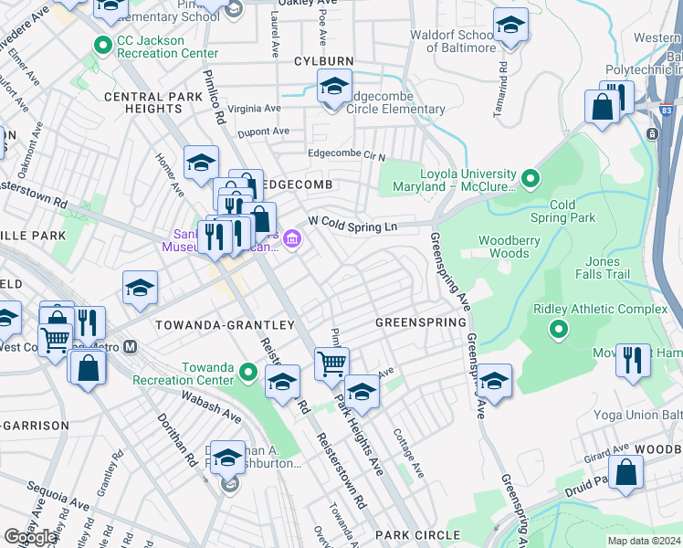map of restaurants, bars, coffee shops, grocery stores, and more near 2621 Loyola Northway in Baltimore