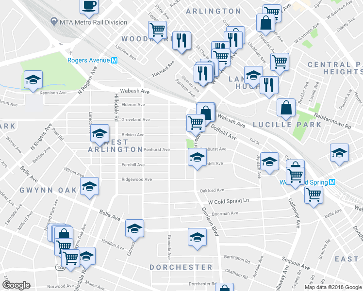 map of restaurants, bars, coffee shops, grocery stores, and more near 4008 Penhurst Avenue in Baltimore