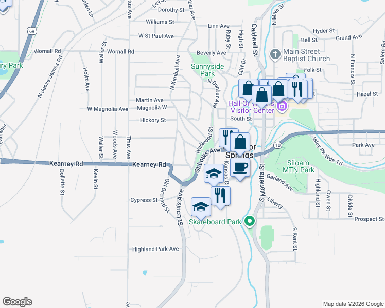 map of restaurants, bars, coffee shops, grocery stores, and more near 408 Wildwood Street in Excelsior Springs