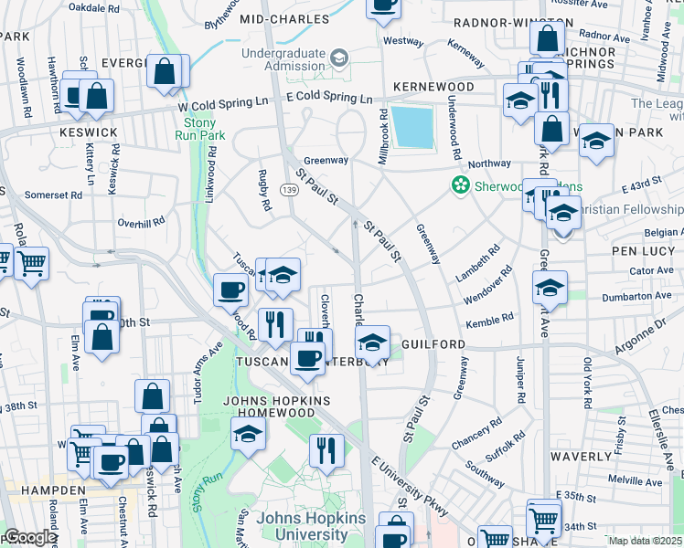map of restaurants, bars, coffee shops, grocery stores, and more near 4100 North Charles Street in Baltimore