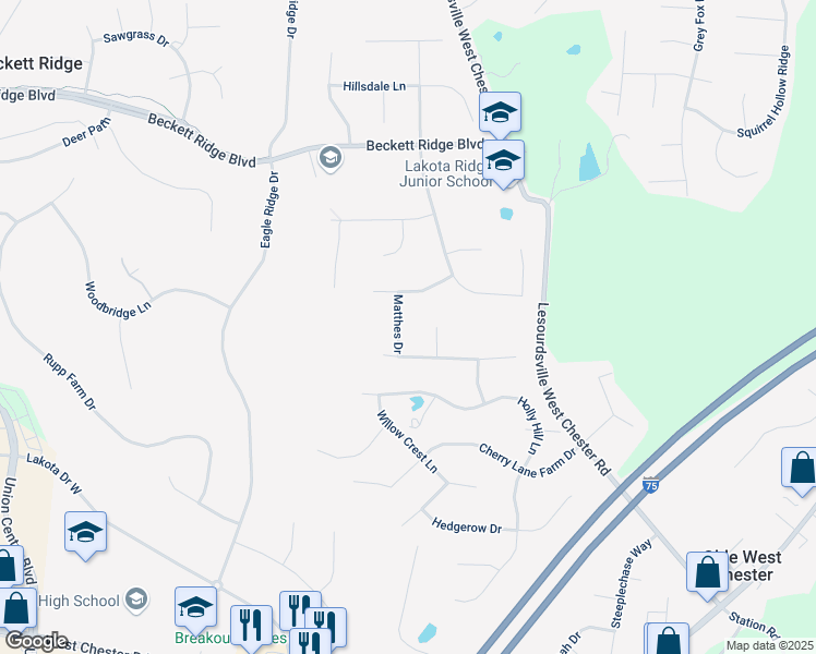 map of restaurants, bars, coffee shops, grocery stores, and more near 8555 Stuart Court in Beckett Ridge