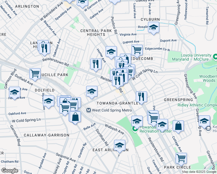 map of restaurants, bars, coffee shops, grocery stores, and more near 4410 Towanda Avenue in Baltimore