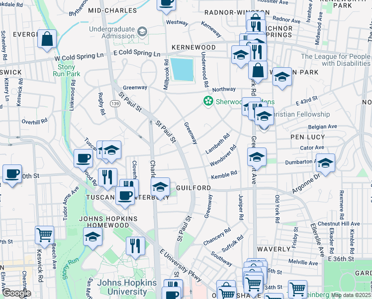 map of restaurants, bars, coffee shops, grocery stores, and more near 101 East Highfield Road in Baltimore