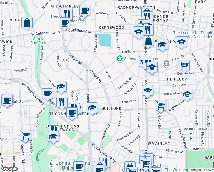 map of restaurants, bars, coffee shops, grocery stores, and more near 101 East Highfield Road in Baltimore