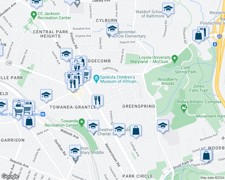 map of restaurants, bars, coffee shops, grocery stores, and more near 2621 Loyola Northway in Baltimore