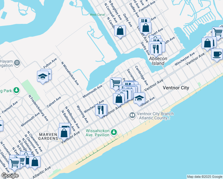 map of restaurants, bars, coffee shops, grocery stores, and more near 105 North New Haven Avenue in Ventnor City