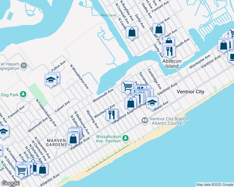 map of restaurants, bars, coffee shops, grocery stores, and more near 123 North Troy Avenue in Ventnor City