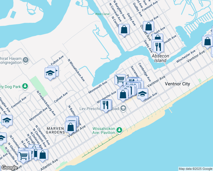 map of restaurants, bars, coffee shops, grocery stores, and more near 123 North Troy Avenue in Ventnor City