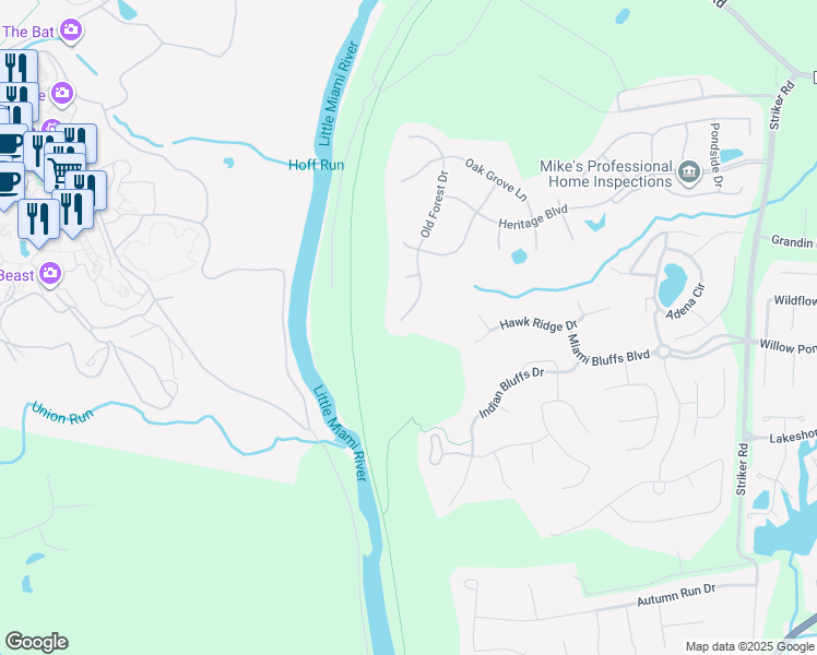 map of restaurants, bars, coffee shops, grocery stores, and more near 6382 Old Forest Drive in Maineville