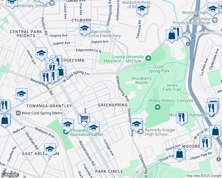 map of restaurants, bars, coffee shops, grocery stores, and more near 4207 Roland View Avenue in Baltimore