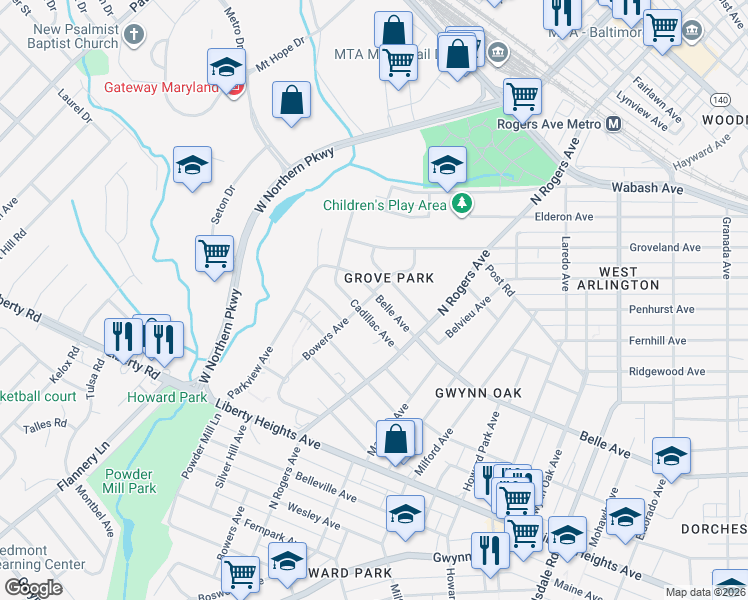 map of restaurants, bars, coffee shops, grocery stores, and more near 5535 Belle Avenue in Baltimore