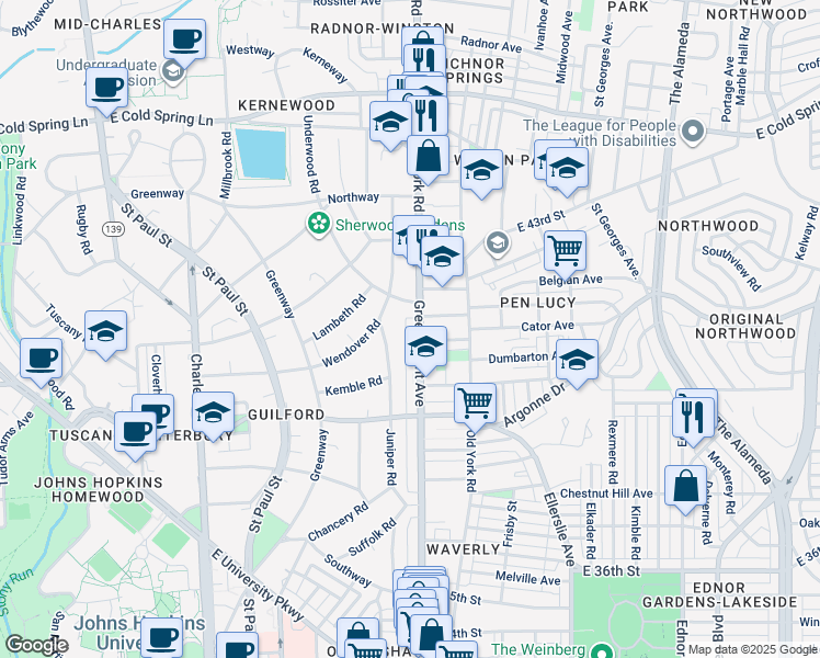 map of restaurants, bars, coffee shops, grocery stores, and more near West York Street in Baltimore