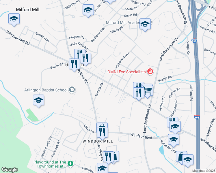 map of restaurants, bars, coffee shops, grocery stores, and more near 7319 Windsor Mill Road in Milford Mill