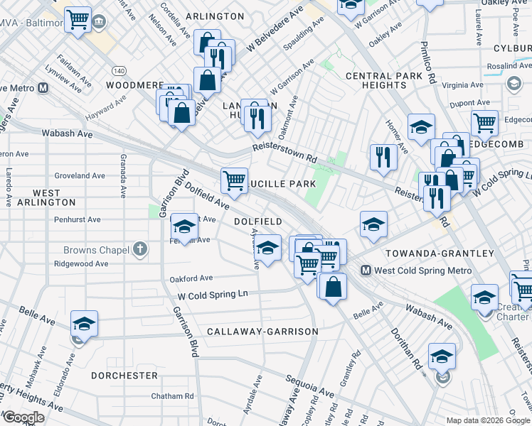map of restaurants, bars, coffee shops, grocery stores, and more near 3779 Columbus Drive in Baltimore