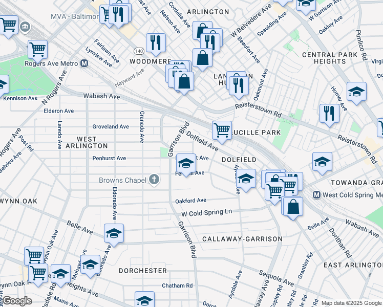 map of restaurants, bars, coffee shops, grocery stores, and more near 3926 Penhurst Avenue in Baltimore