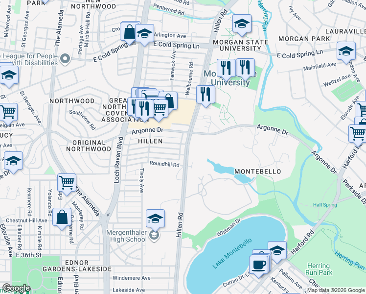 map of restaurants, bars, coffee shops, grocery stores, and more near 4034 Hillen Road in Baltimore