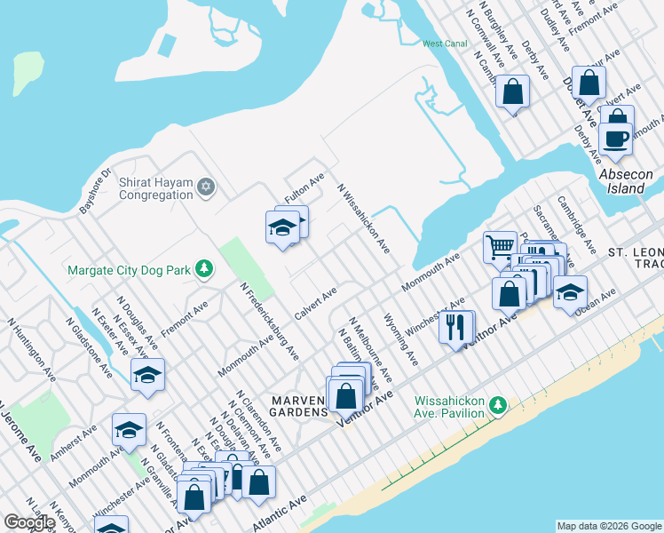 map of restaurants, bars, coffee shops, grocery stores, and more near 213 North Lafayette Avenue in Ventnor City