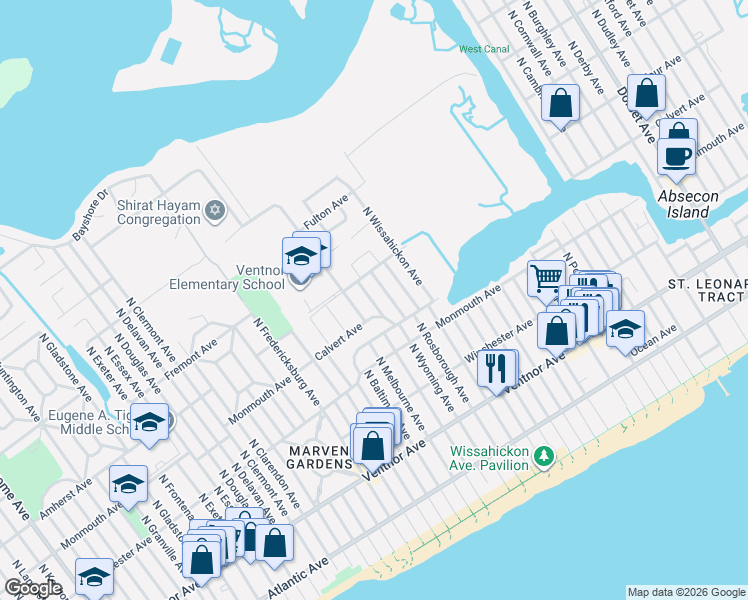 map of restaurants, bars, coffee shops, grocery stores, and more near 213 North Lafayette Avenue in Ventnor City