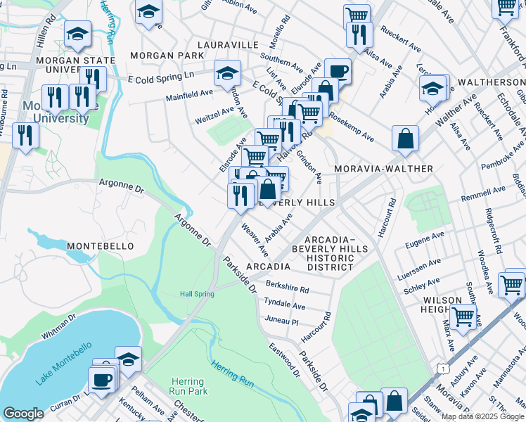 map of restaurants, bars, coffee shops, grocery stores, and more near 3013 Montebello Terrace in Baltimore